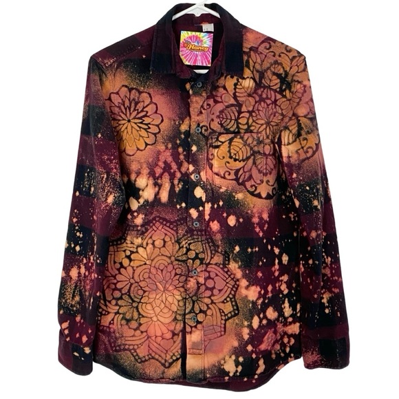 Handmade Flannel Shirt Womens XS Boho Stencil Bleached Upcycled Button Down Red - Picture 1 of 9